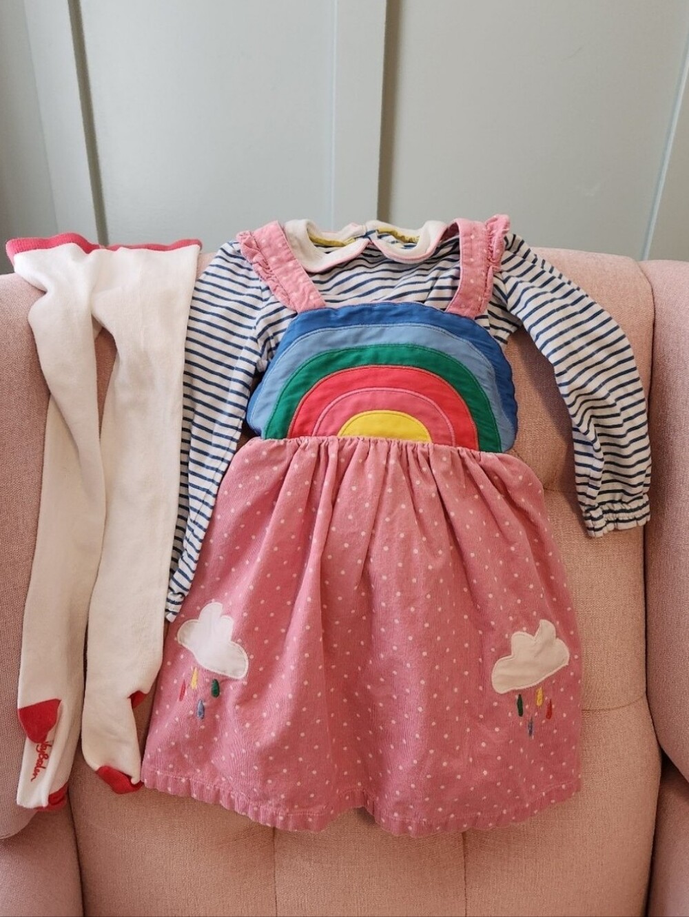 Baby Boden Pink Rainbow Pinafore Dress with Striped Top 3/4 Set